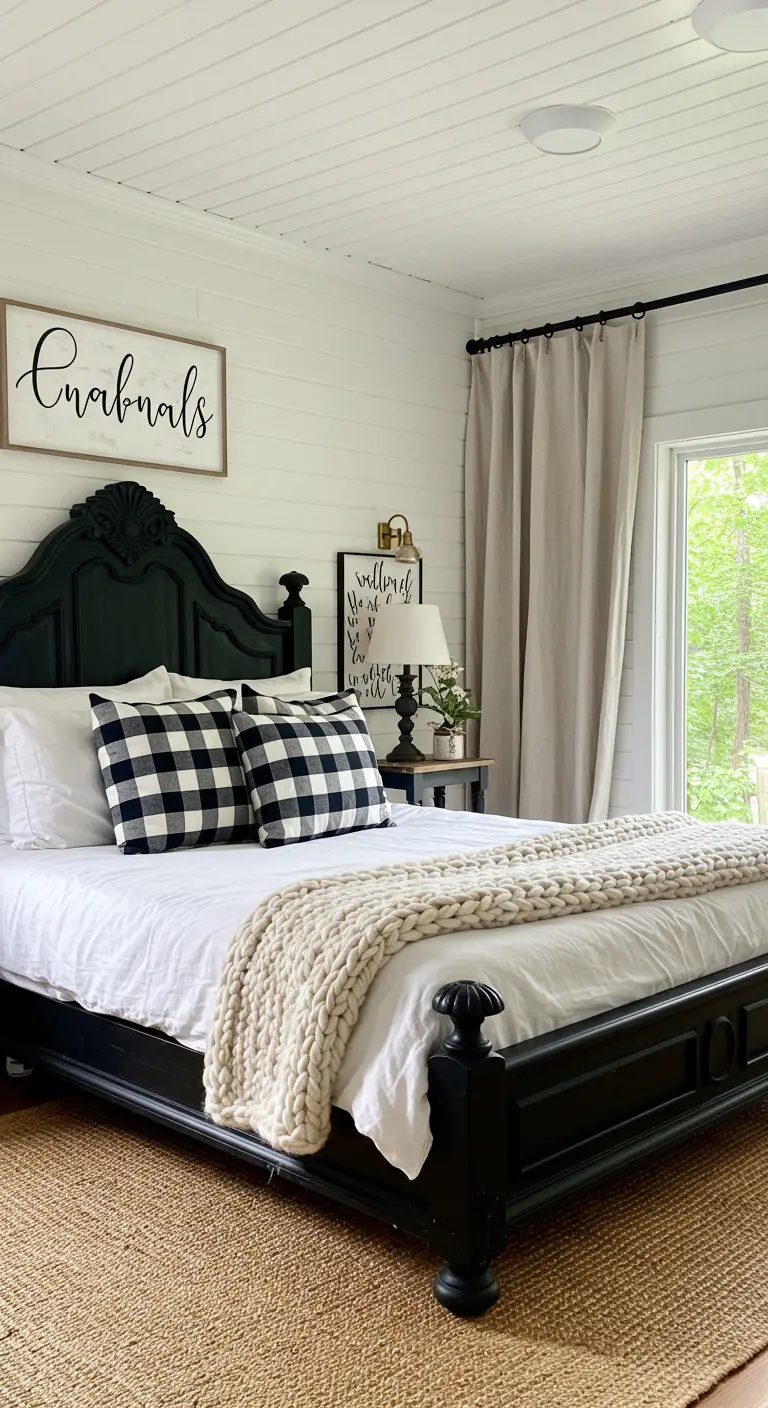 Dormitorio de estilo farmhouse con cama negra, cojines de cuadros y manta de punto grueso