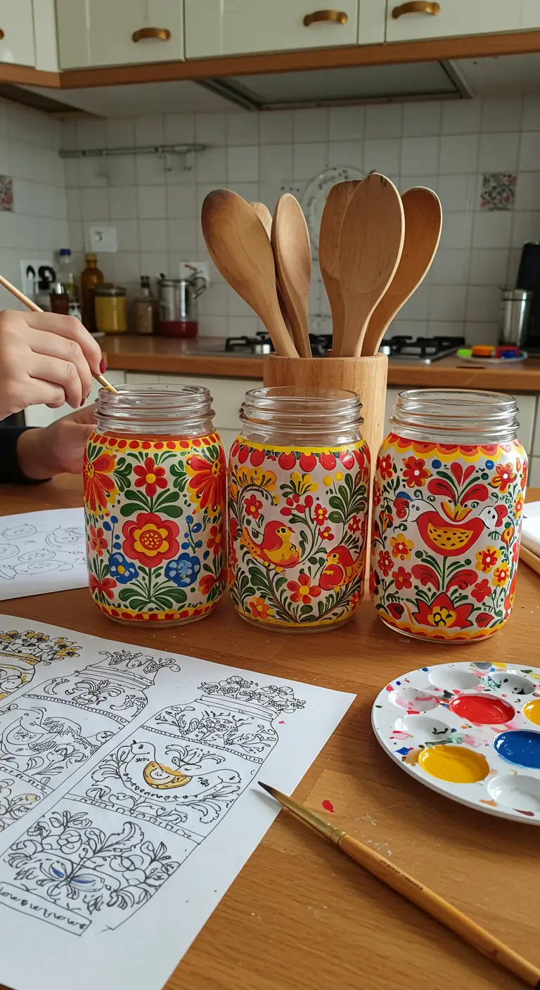 Mujer pintando frascos con detallados y coloridos diseños de arte folclórico.