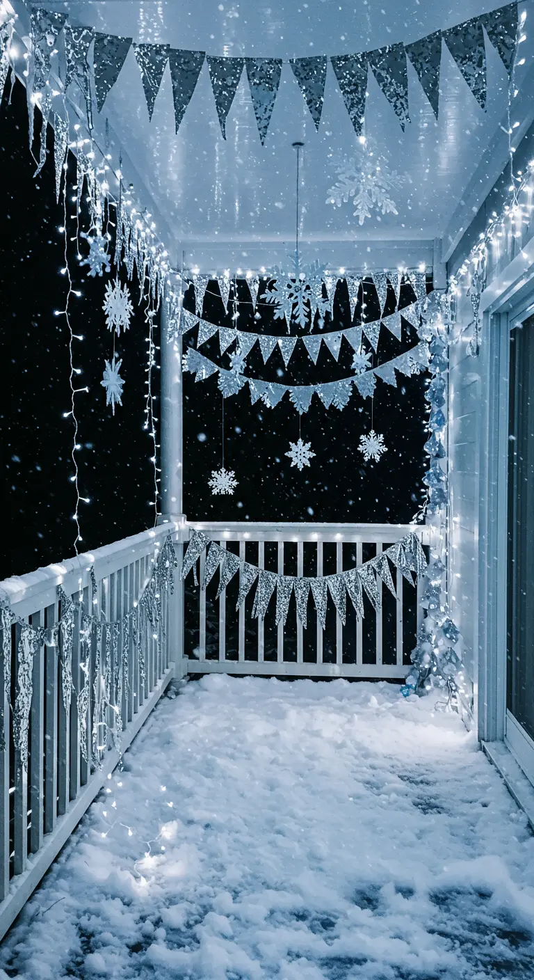 Balcón cubierto de nieve decorado con luces blancas frías, banderines de purpurina y copos de nieve.