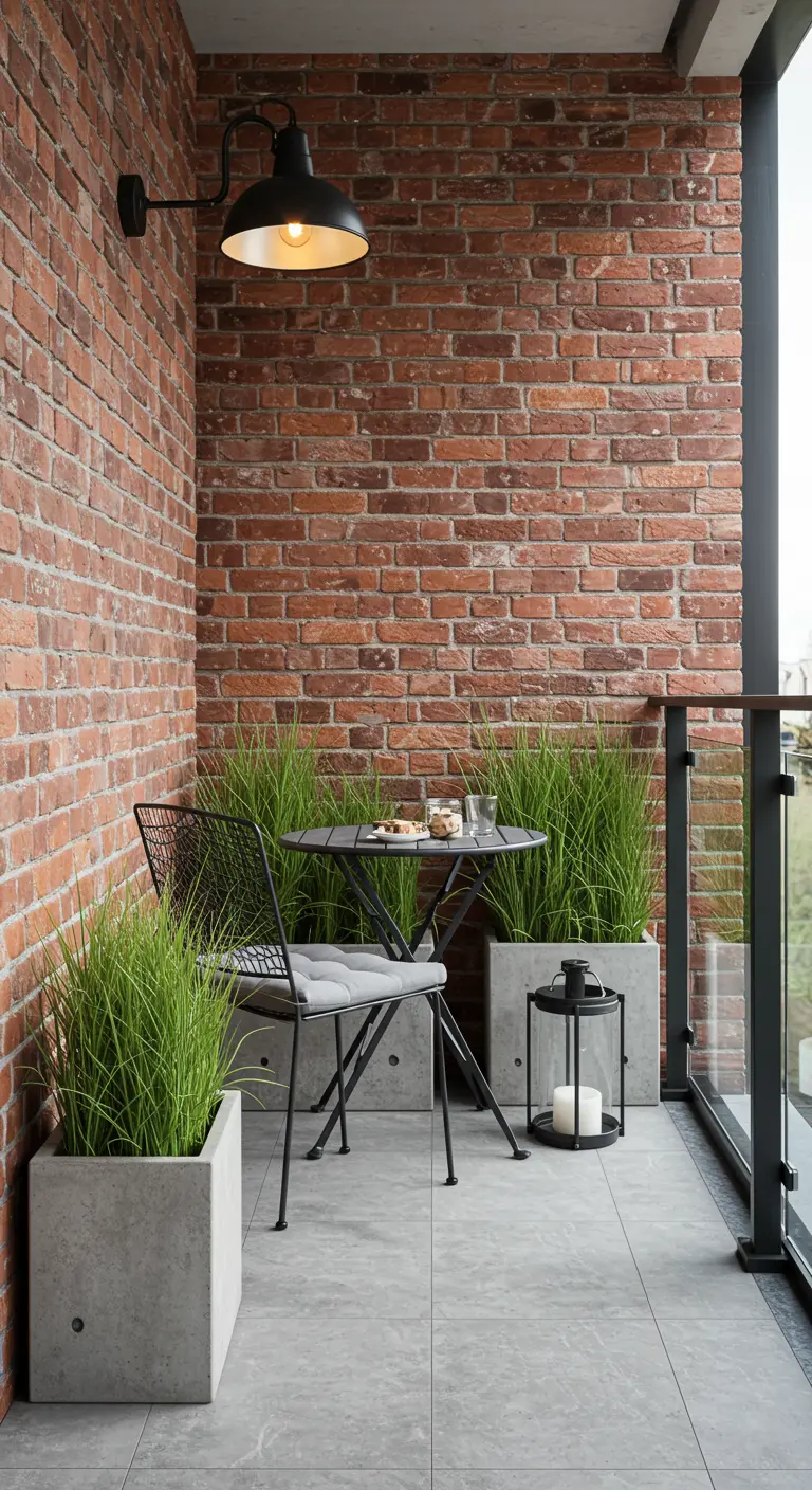 Pequeño balcón con pared de ladrillo, mesa y silla de metal negro y maceteros de cemento