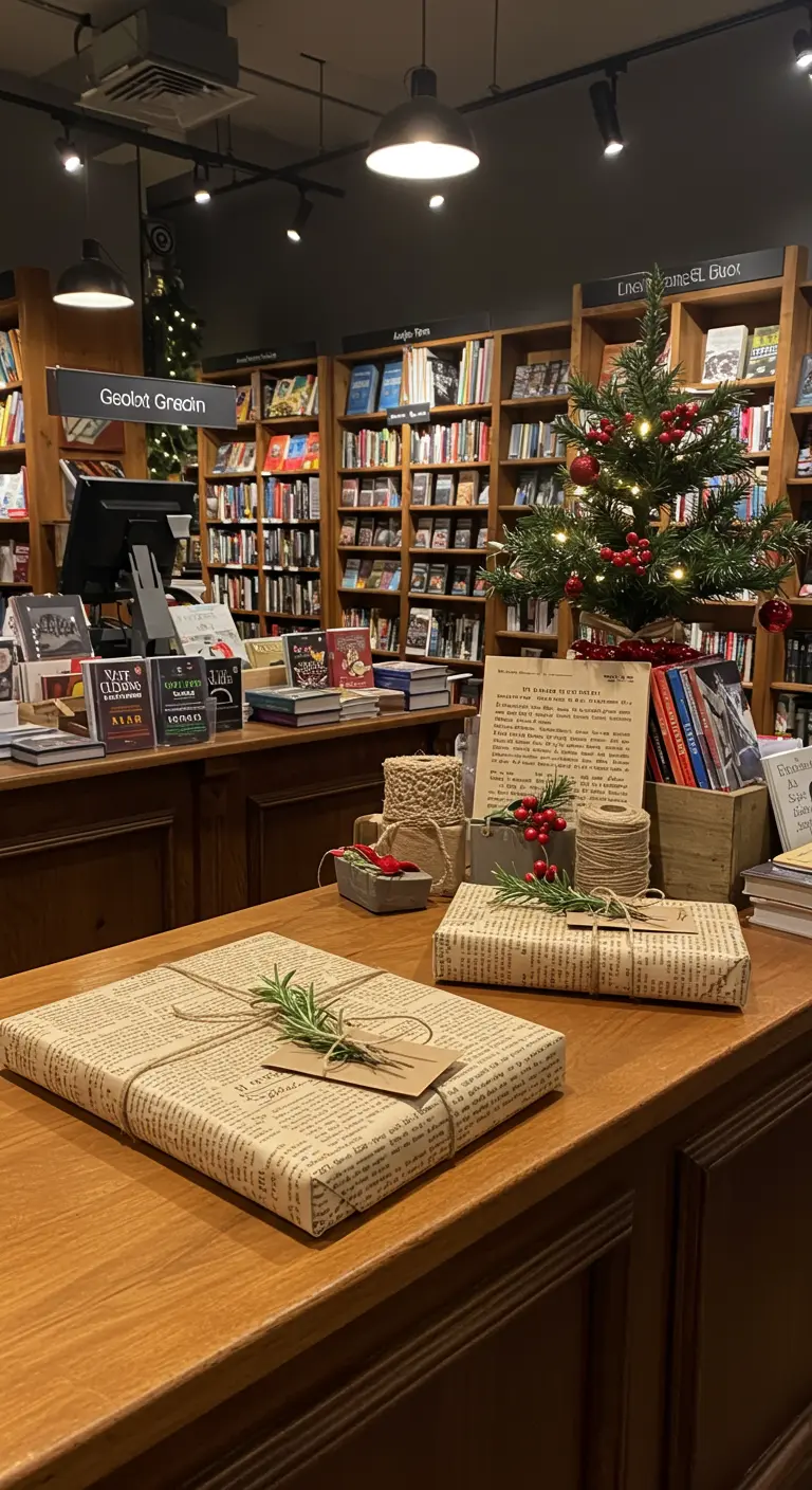 Regalos envueltos en papel de periódico con romero en el mostrador de una librería.