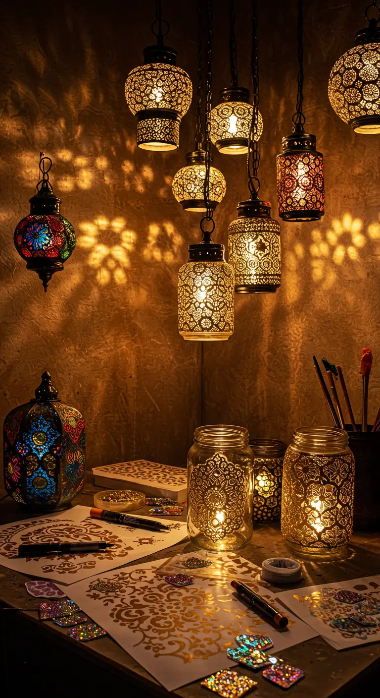 Lámparas colgantes doradas de estilo marroquí hechas con frascos de vidrio decorados con plantillas.