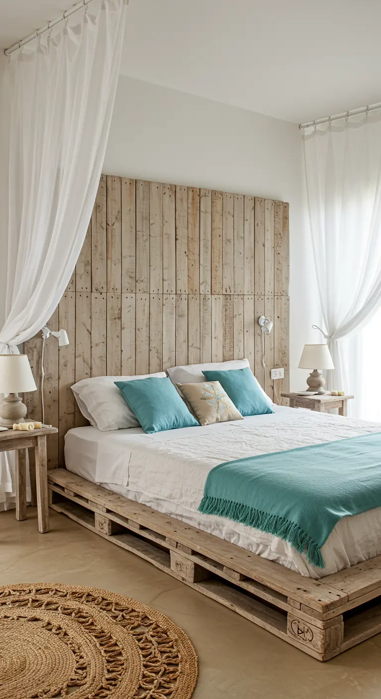 Dormitorio de estilo mediterráneo con cama de palets de madera natural y textiles en blanco y turquesa.