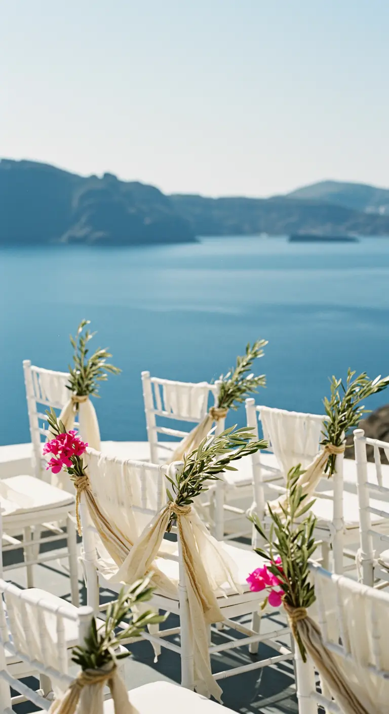 Sillas blancas con vistas al mar, decoradas con tela blanca, olivo y buganvillas.