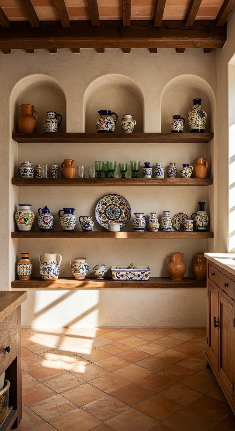 Nichos en arco en una pared encalada, con estantes de madera que muestran cerámica mediterránea.