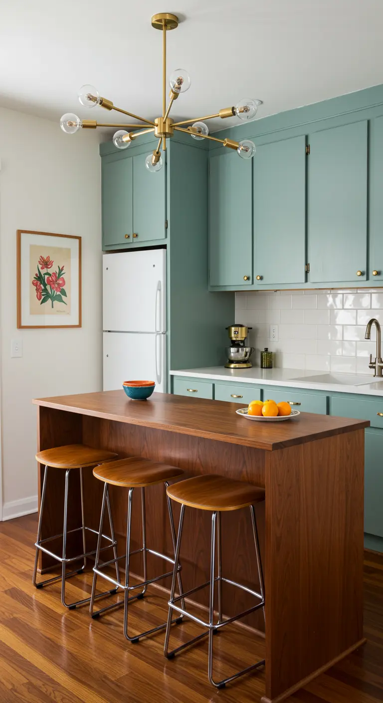 Cocina de estilo Mid-Century con armarios verde menta, isla de madera y lámpara Sputnik dorada.