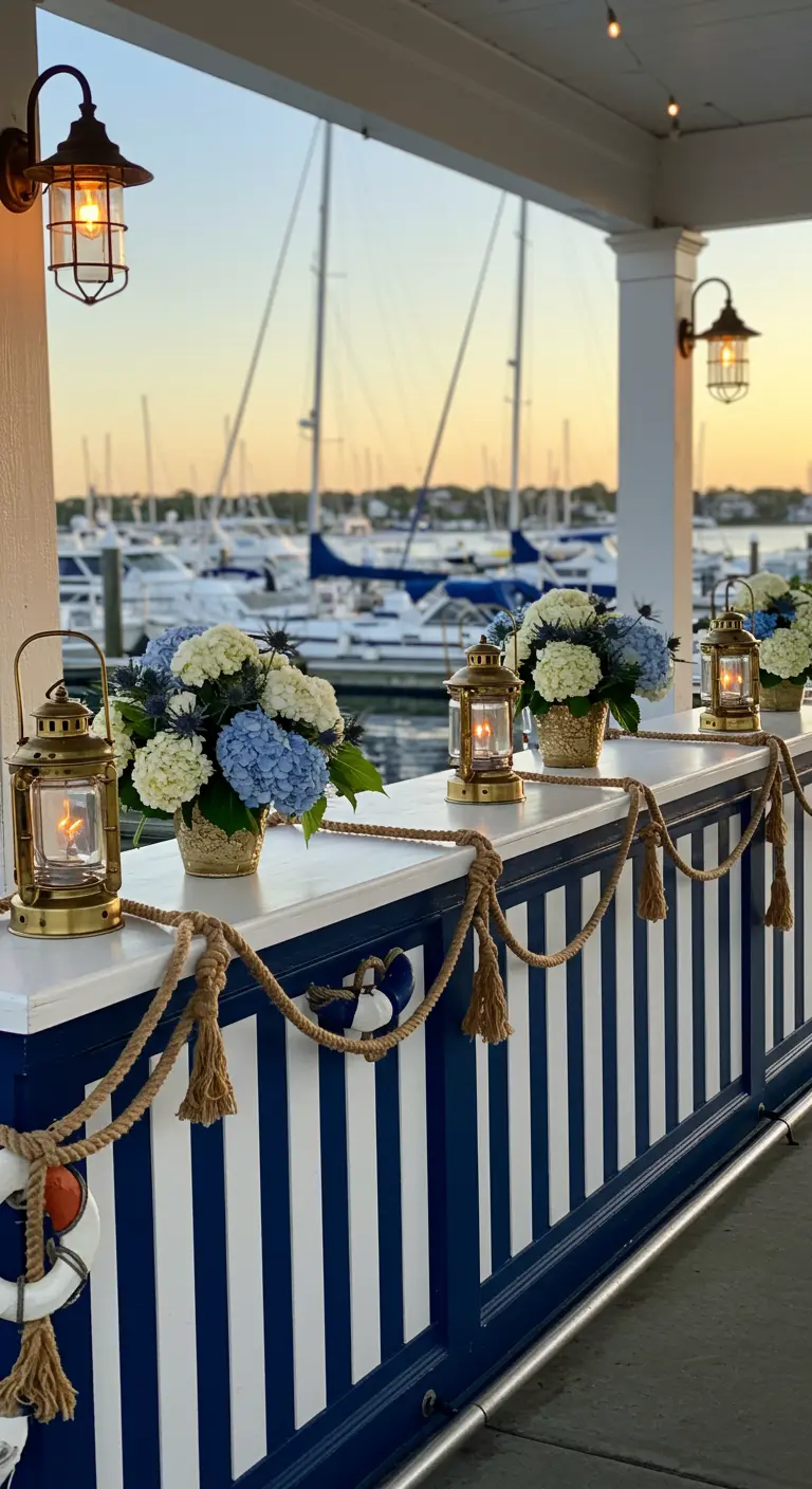 Barra de bar de estilo náutico con rayas azules y blancas, decorada con cuerdas y faroles.