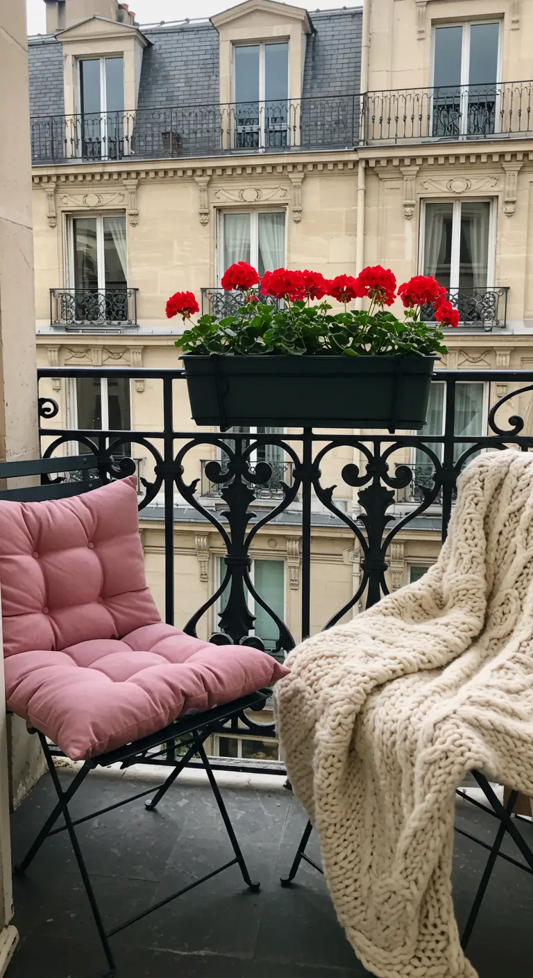 Balcón parisino con silla de metal, cojín rosa y una manta de lana.