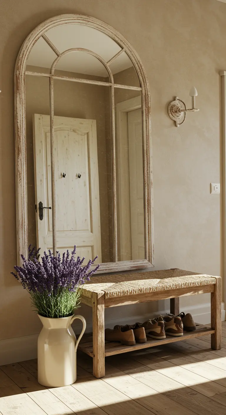 Recibidor de estilo provenzal con espejo en forma de arco, banco con asiento de cuerda y lavanda.