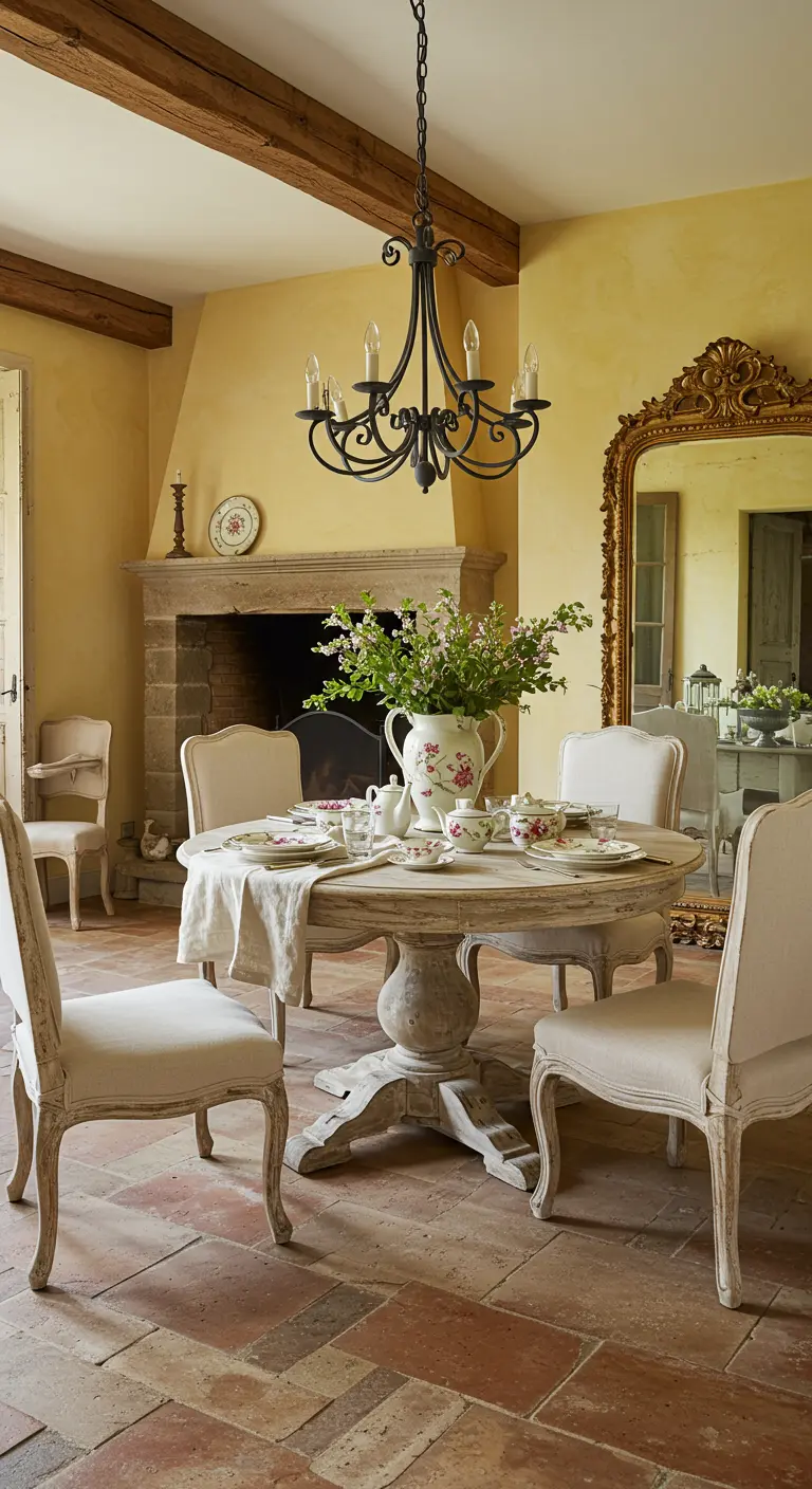 Comedor de estilo provenzal con mesa de madera envejecida y lámpara de hierro forjado.