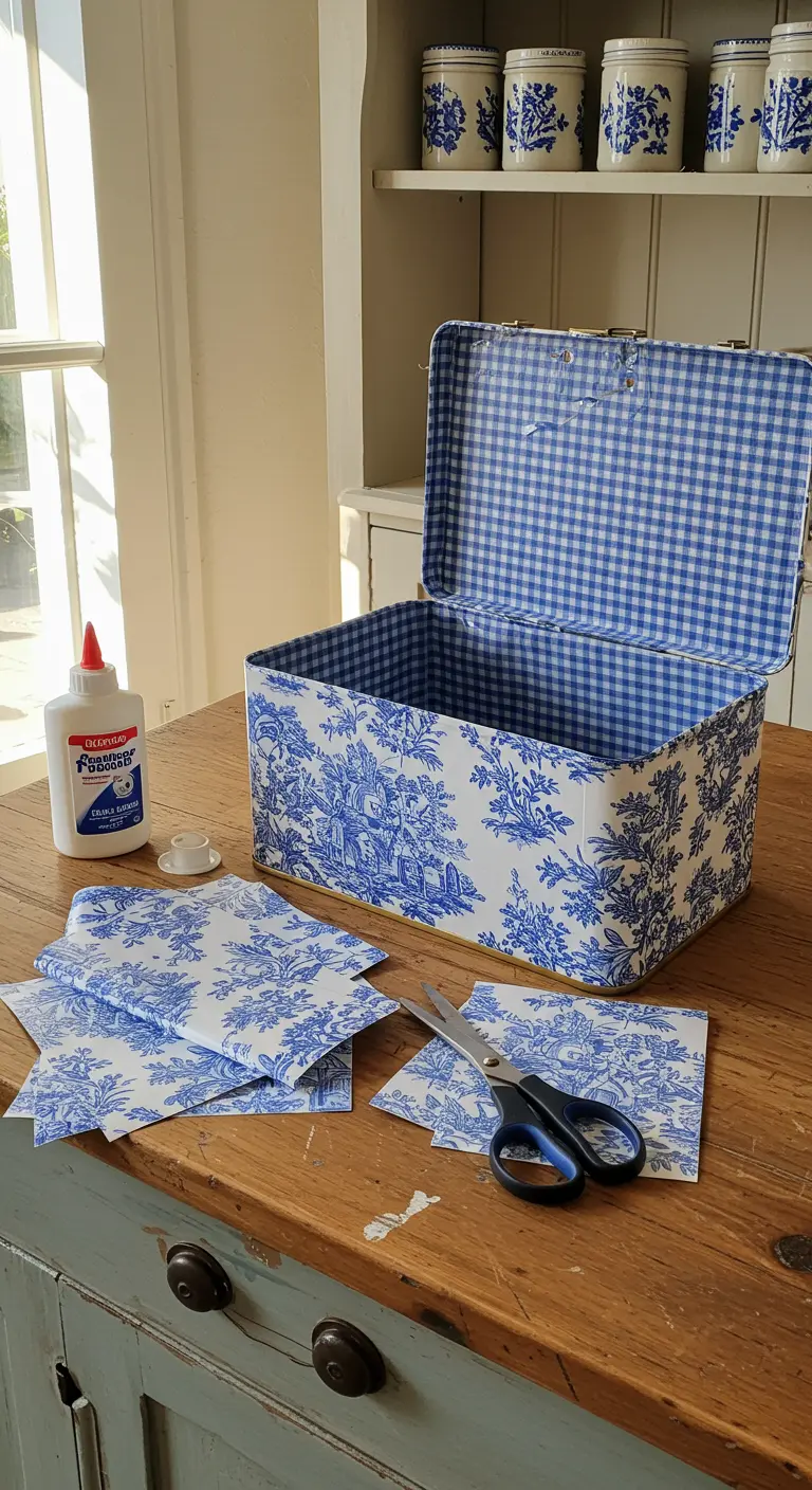 Caja metálica abierta, forrada por dentro con tela de patrón Toile de Jouy azul y blanco.