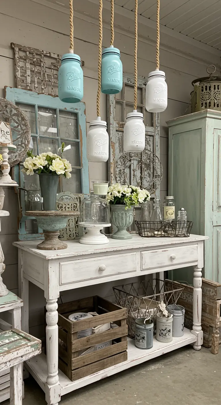 Lámparas colgantes estilo shabby chic hechas con frascos pintados de blanco y azul claro.