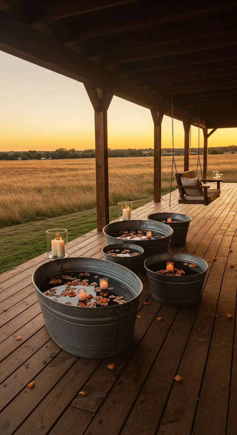 Porche rústico con cubos de zinc llenos de agua y velas flotantes al atardecer.