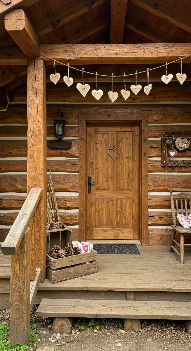 Porche de una cabaña de madera con una guirnalda de corazones pintados en rodajas de madera.