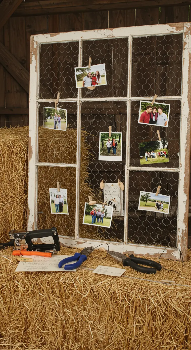 Ventana con malla de gallinero en lugar de cristal, usada para colgar fotos con pinzas.