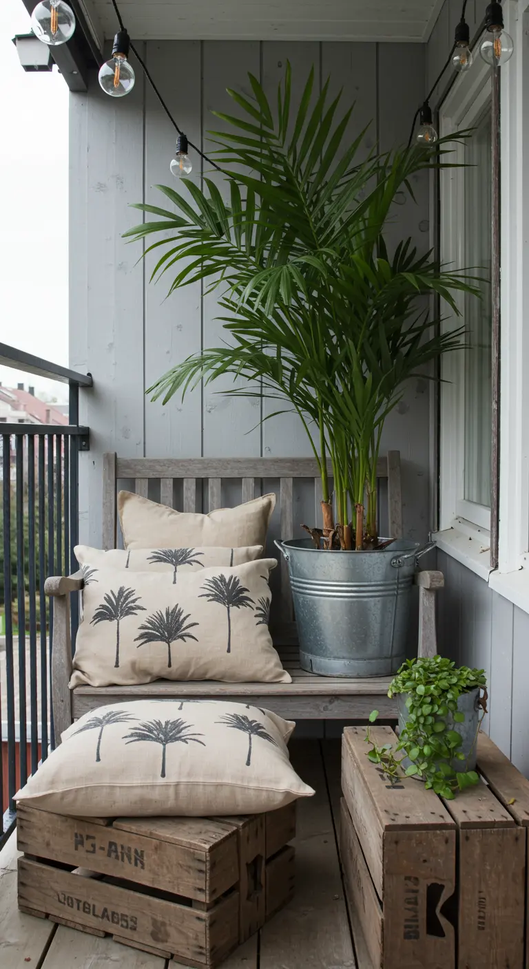 Balcón rústico con banco de madera, cojines de lino y palmera en un cubo de zinc