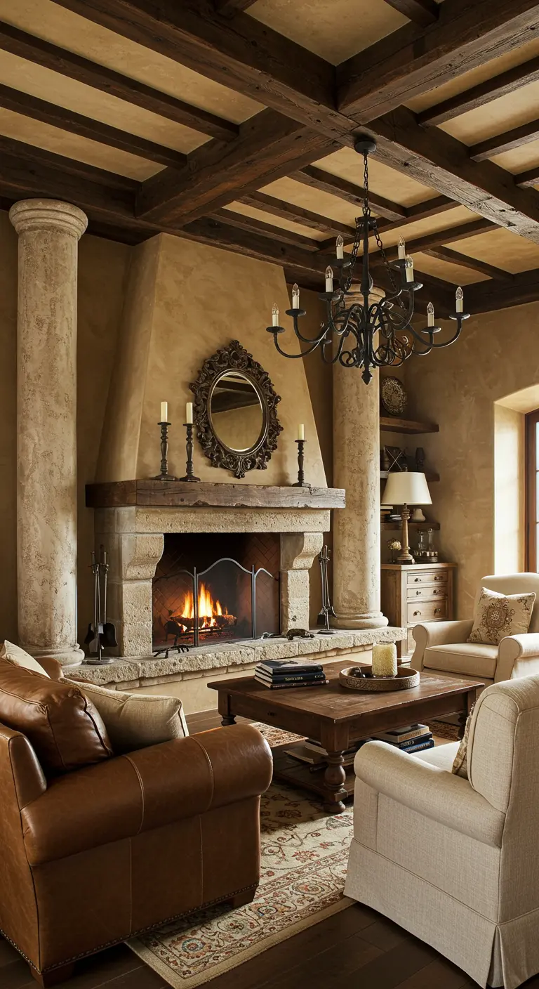 Sala rústica con chimenea de piedra y dos robustas columnas con acabado de piedra texturizada