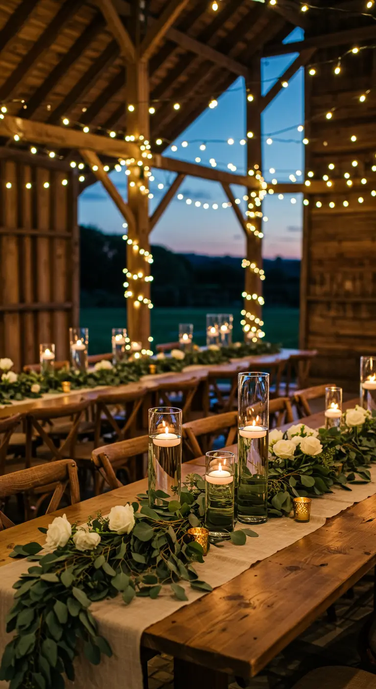 Mesa larga de madera en un granero rústico decorada con guirnalda de eucalipto y velas.