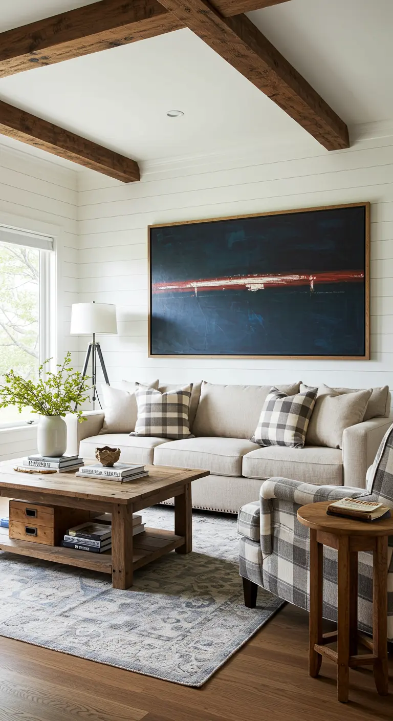 Sala rústica con vigas de madera, sofá beige y un cuadro de paisaje abstracto oscuro.
