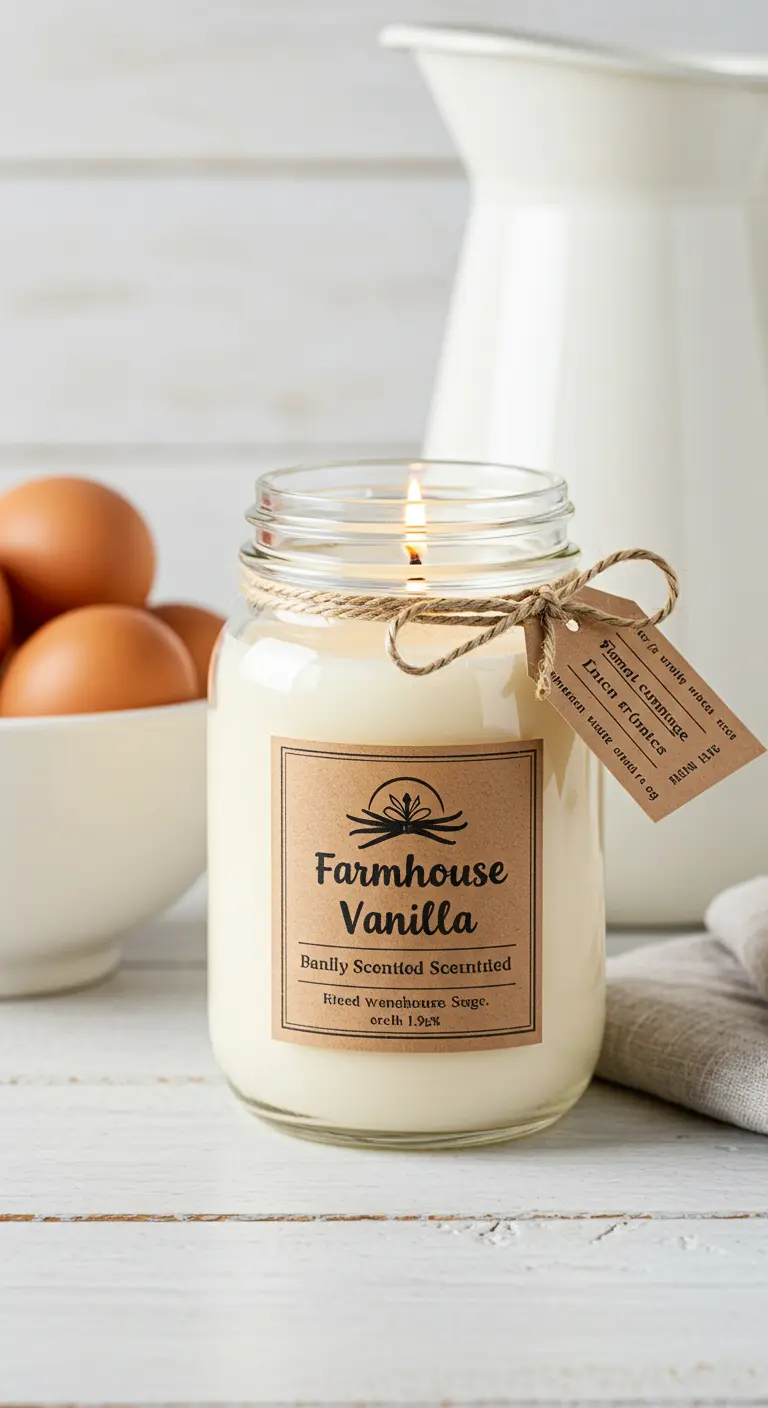 Vela de vainilla en un frasco de conservas con una etiqueta de estilo rústico y un lazo de yute.