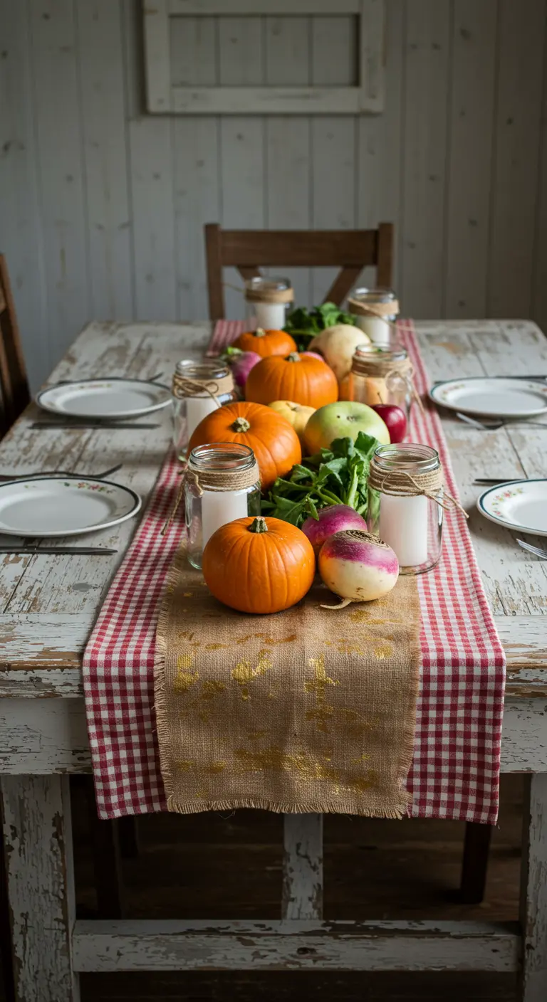 Mesa de madera rústica con camino de cuadros rojos y otro de arpillera dorada, con calabazas.