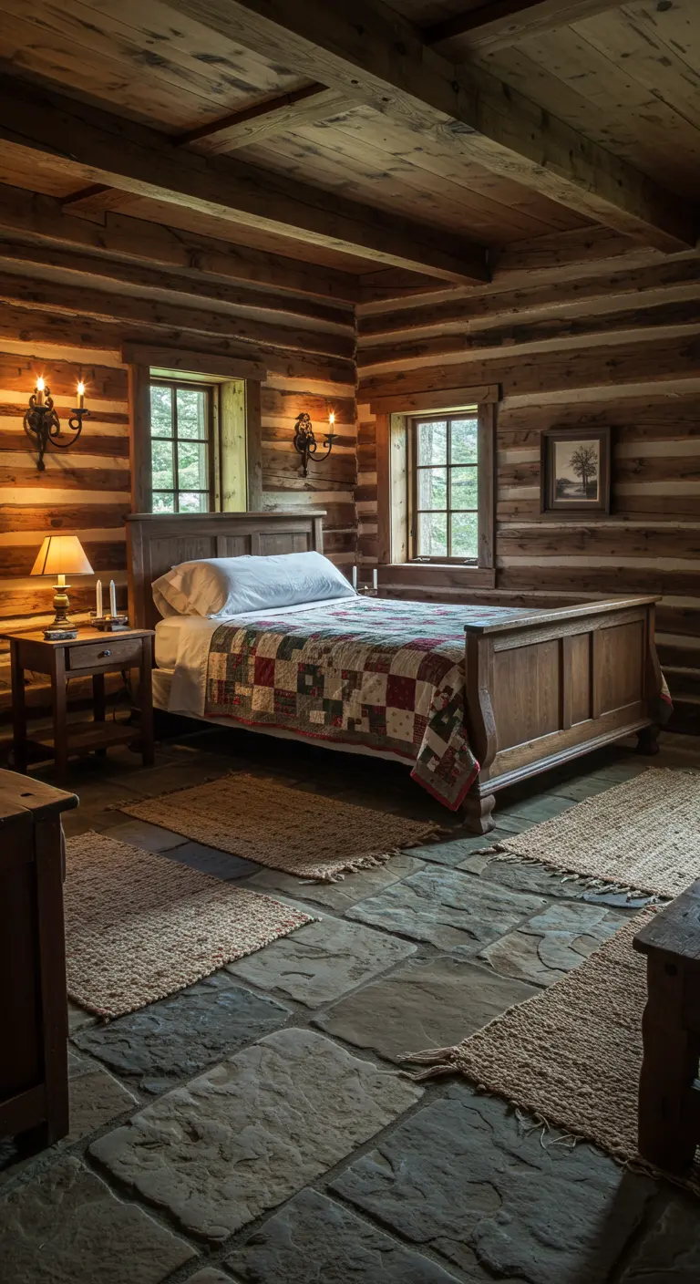 Dormitorio rústico en cabaña de troncos con suelo de piedra y colcha de patchwork.
