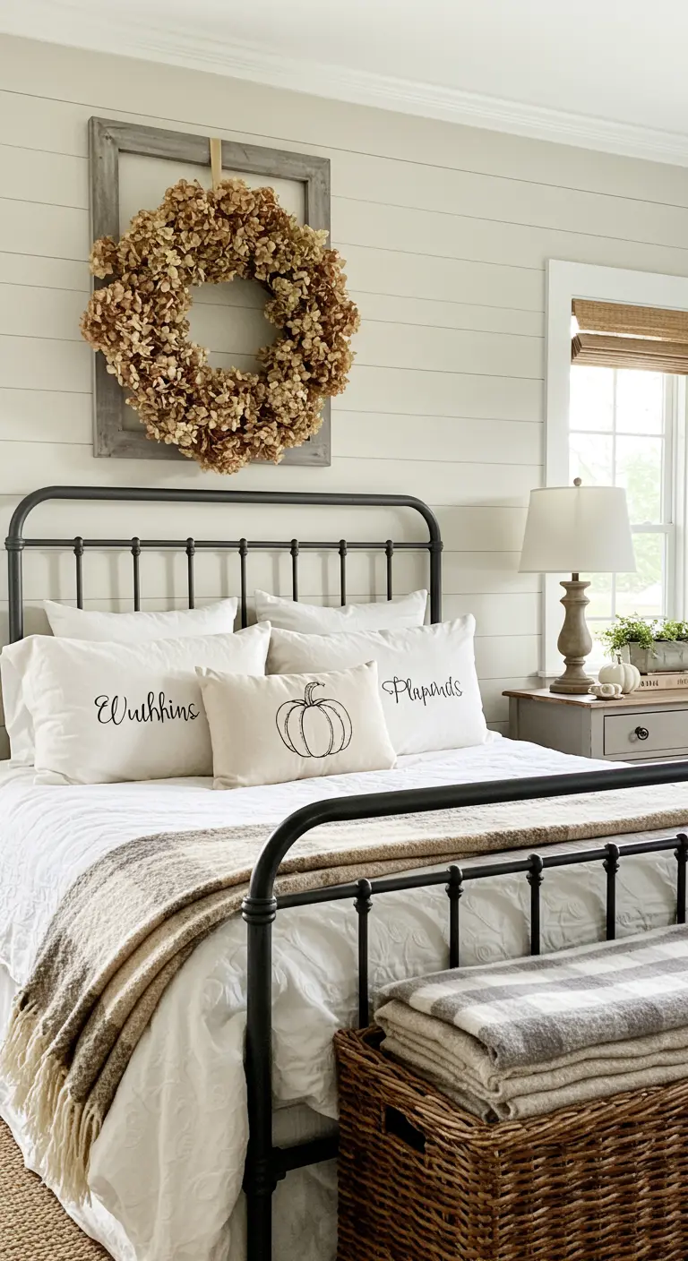 Dormitorio de estilo farmhouse con una corona de hortensias secas sobre la cama de forja.