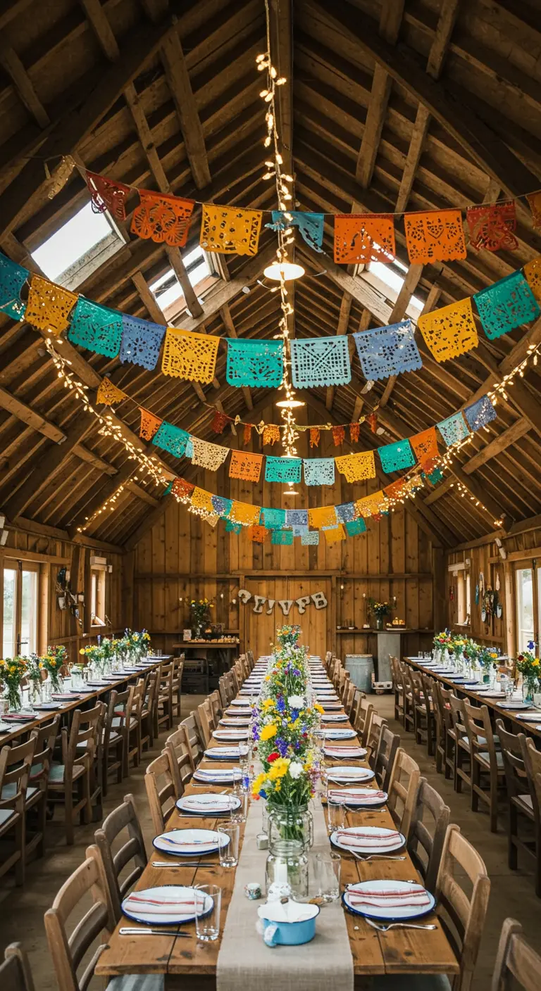 Interior de un granero de madera decorado con papel picado y luces para una celebración.