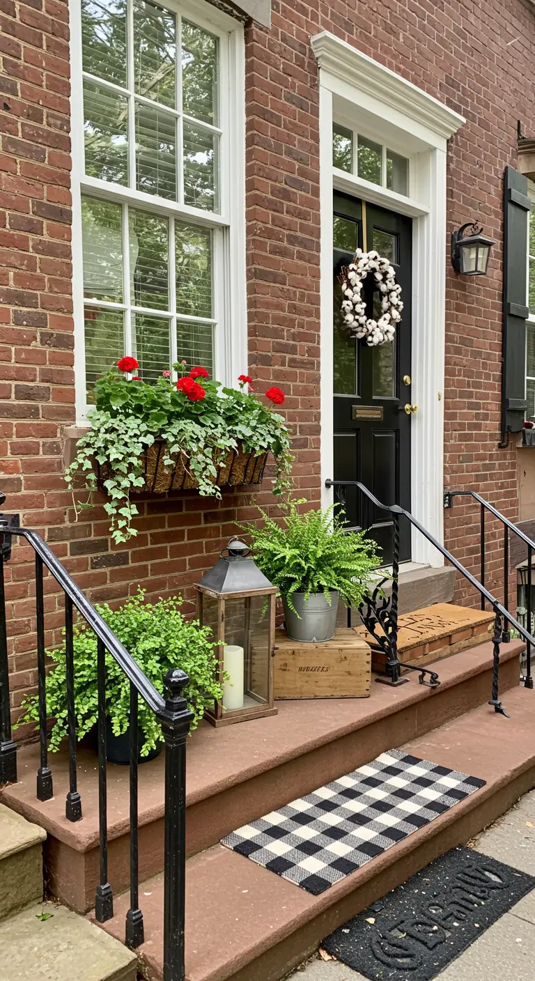 Escalones de entrada de ladrillo con alfombras superpuestas, un farol y plantas en macetas.