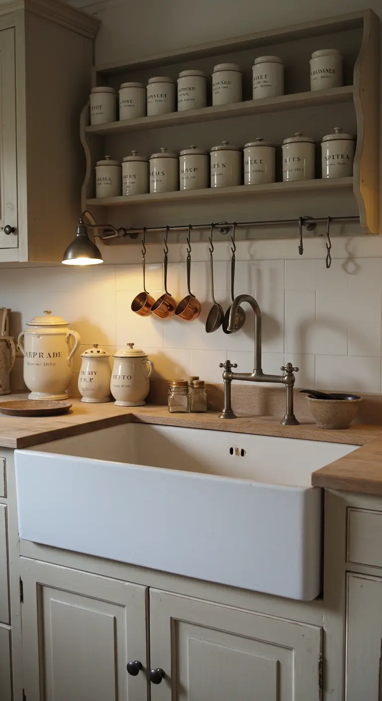 Cocina de estilo farmhouse con una barra bajo un estante del que cuelgan cazos de cobre