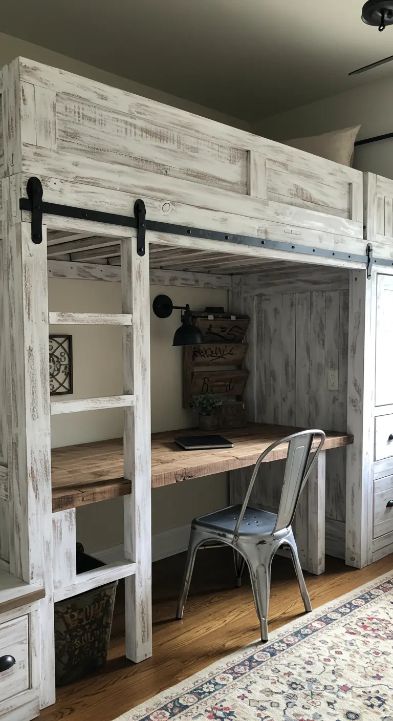 Cama alta de madera blanca envejecida con herrajes de granero y un escritorio de estilo rústico