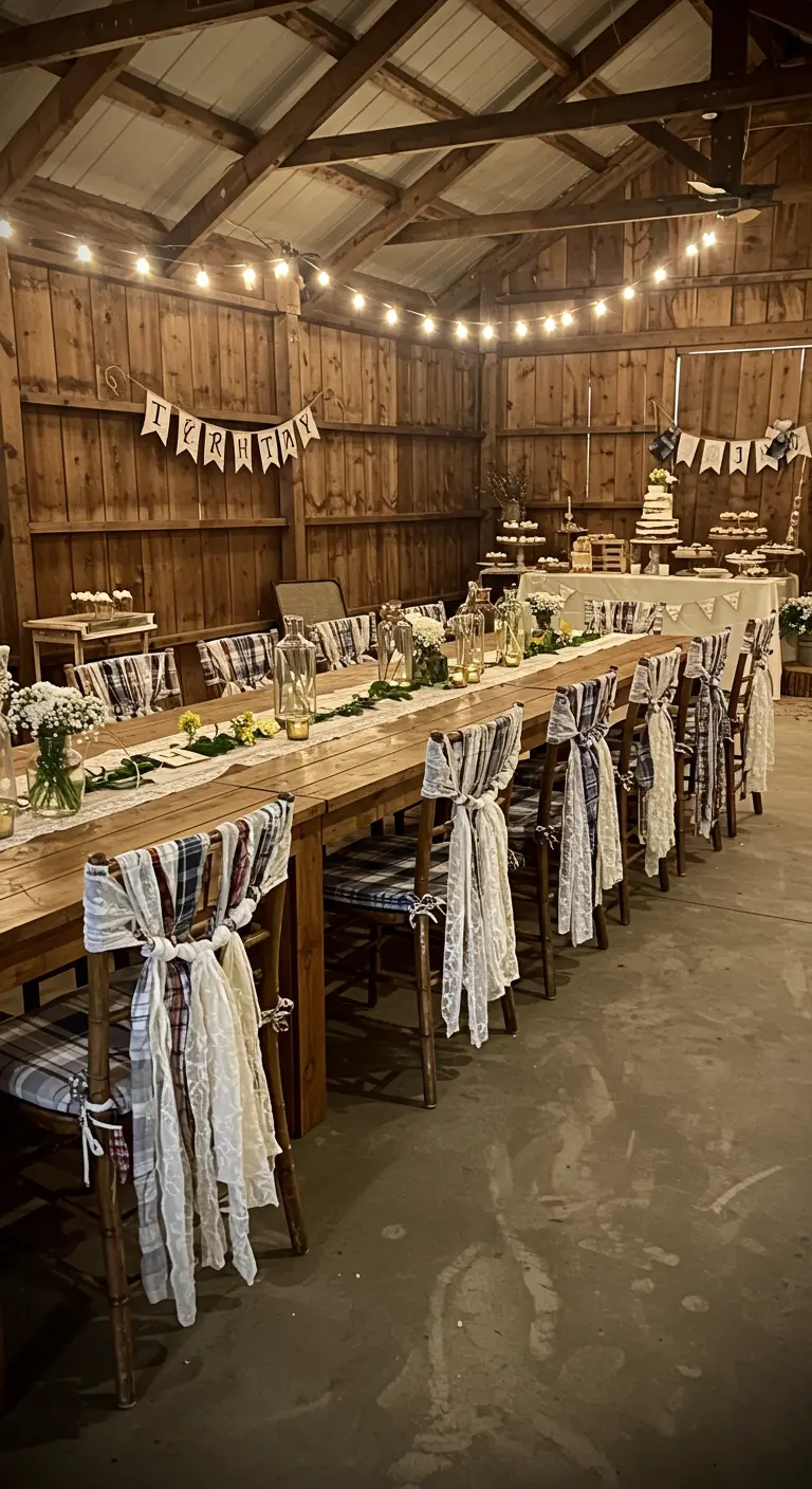 Sillas de madera en un granero decoradas con lazos de tela de tartán y encaje blanco.