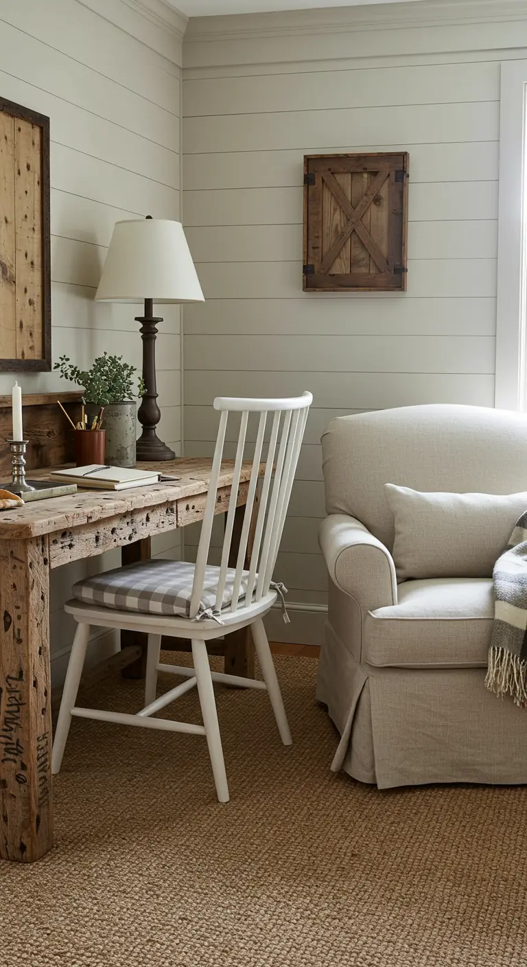 Oficina estilo farmhouse con escritorio de madera rústica y paredes de listones blancos.