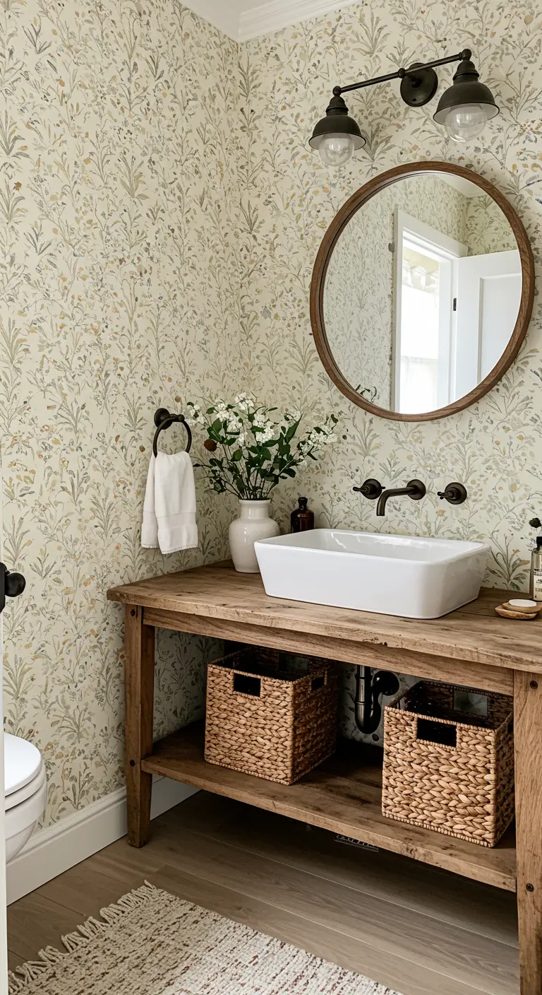 Baño rústico con papel tapiz de flores silvestres, mueble de madera y lavabo sobre encimera.
