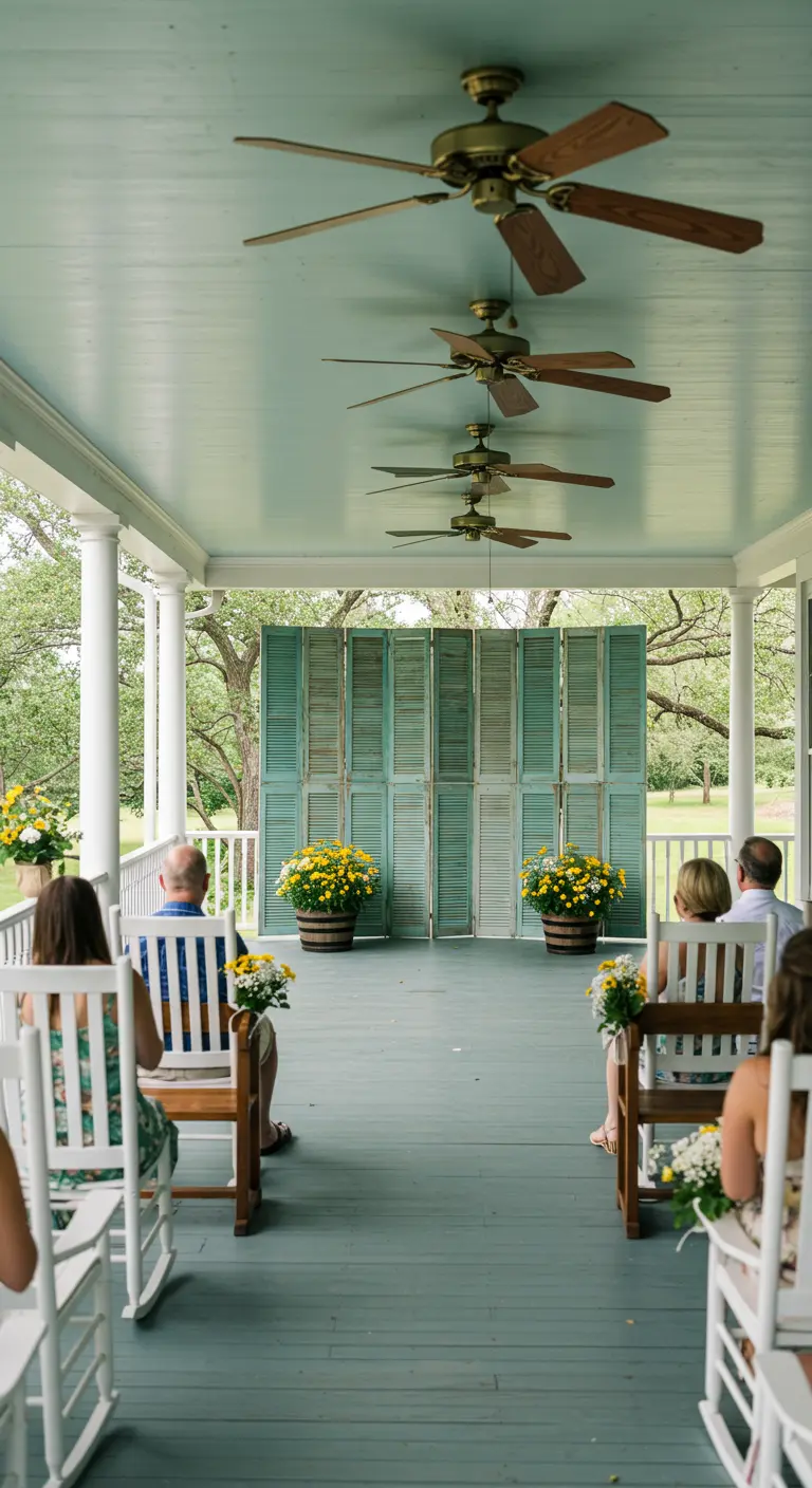 Fondo de boda hecho con postigos de madera antiguos color verde menta en un porche.