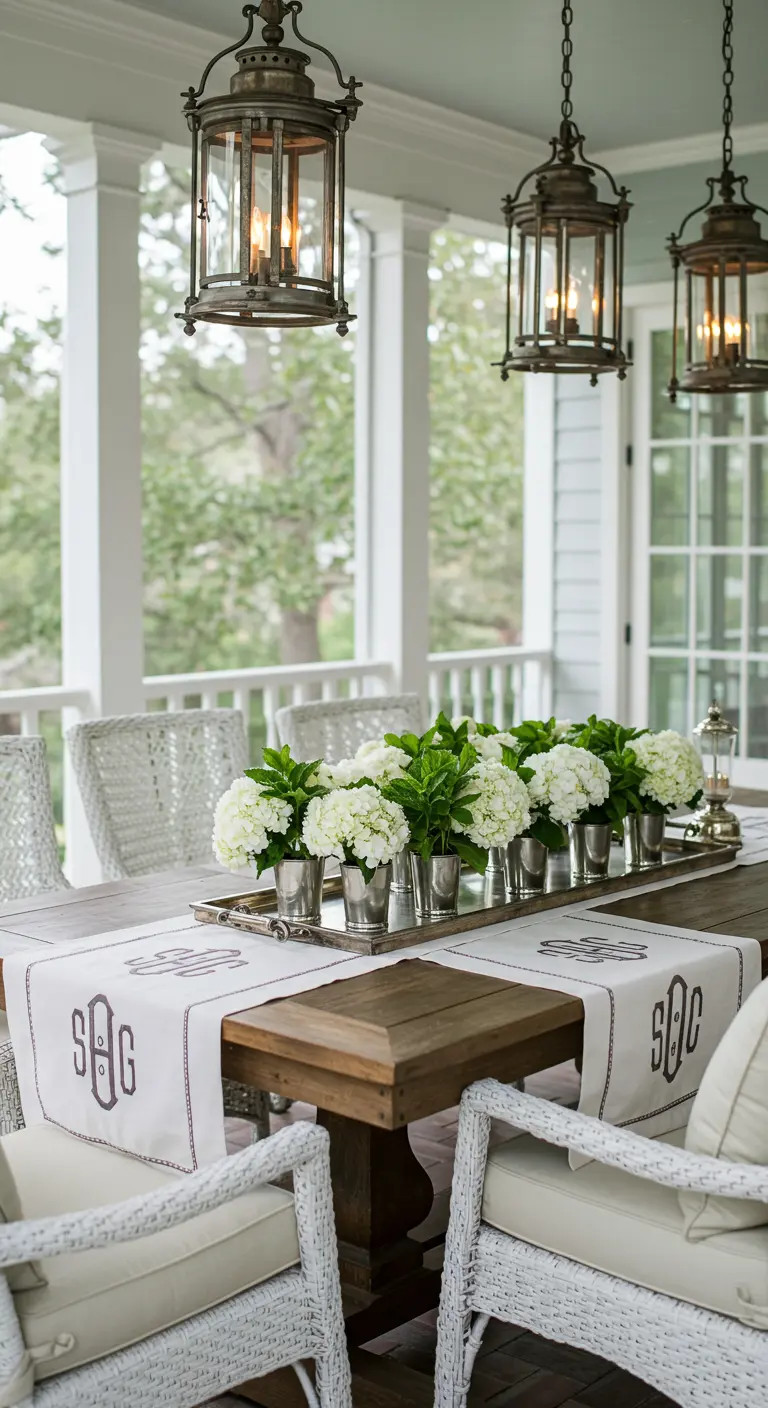 Mesa en un porche con un camino de mesa monogramado y hortensias blancas en copas de plata.