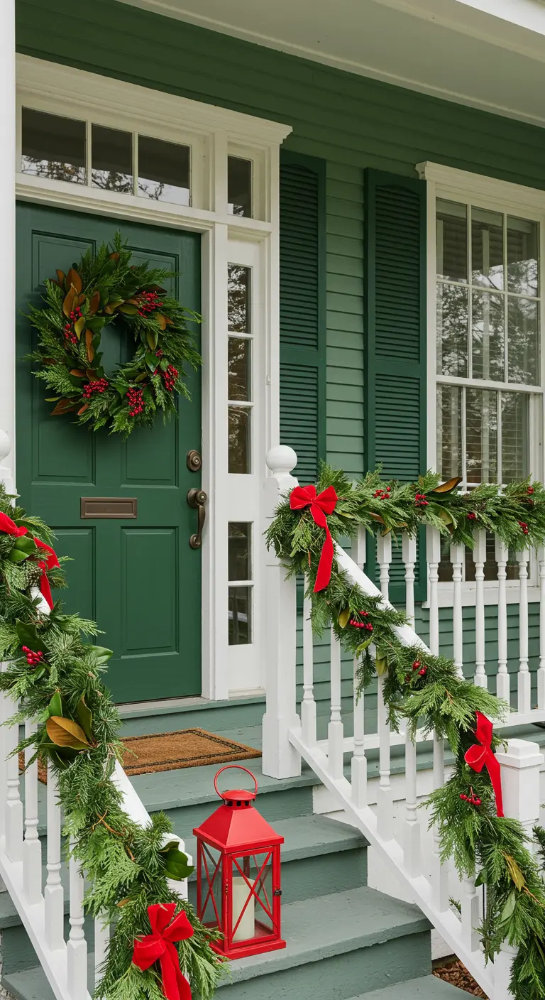 Porche con barandilla blanca decorada con guirnaldas de hojas de magnolia y lazos rojos.