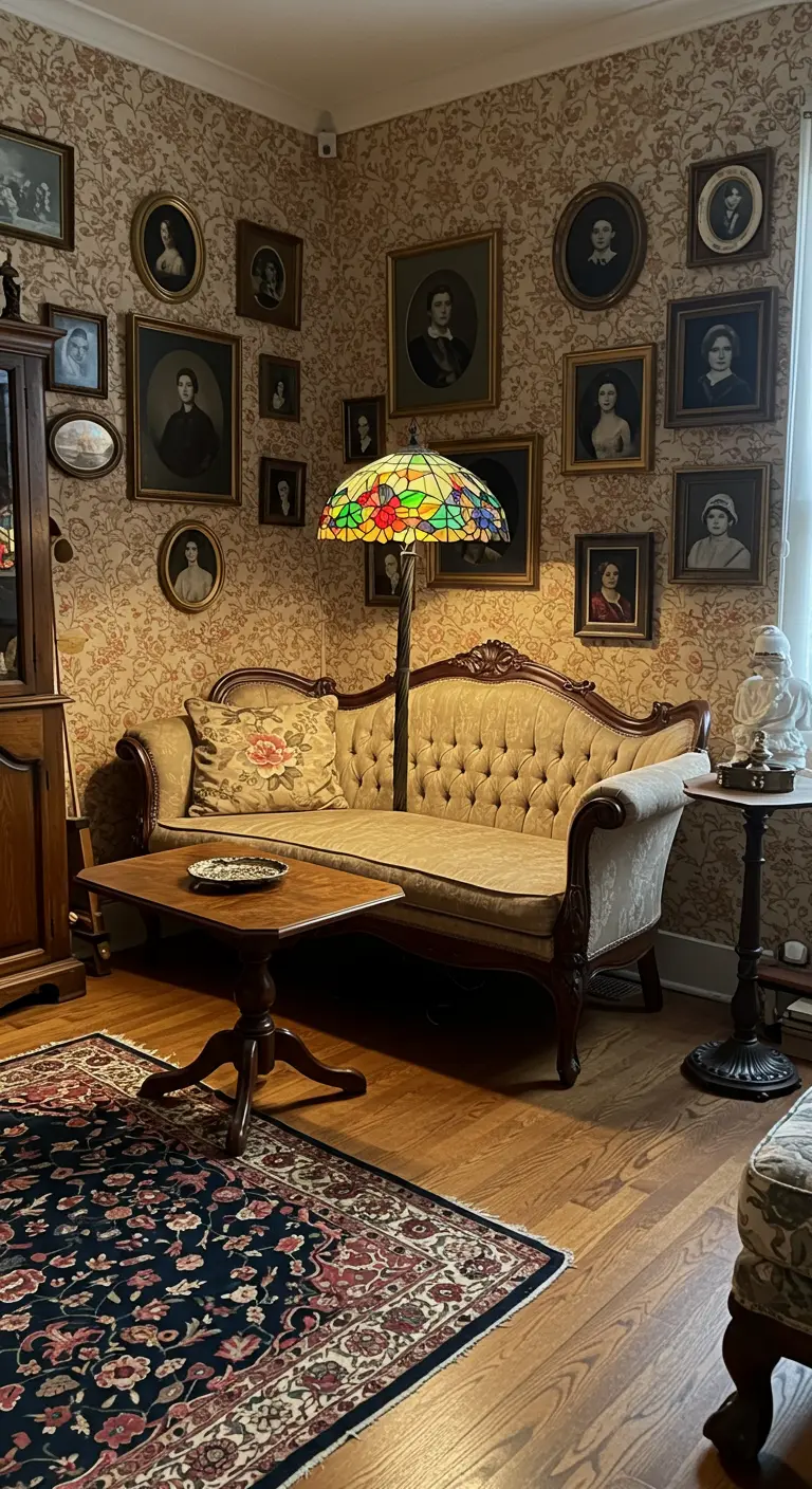 Rincón de lectura victoriano con un sofá capitoné, papel pintado estampado y una lámpara Tiffany.