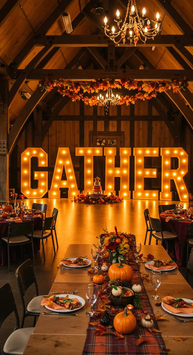 Letras 'GATHER' iluminadas en un granero rústico decorado para una cena de otoño con calabazas.