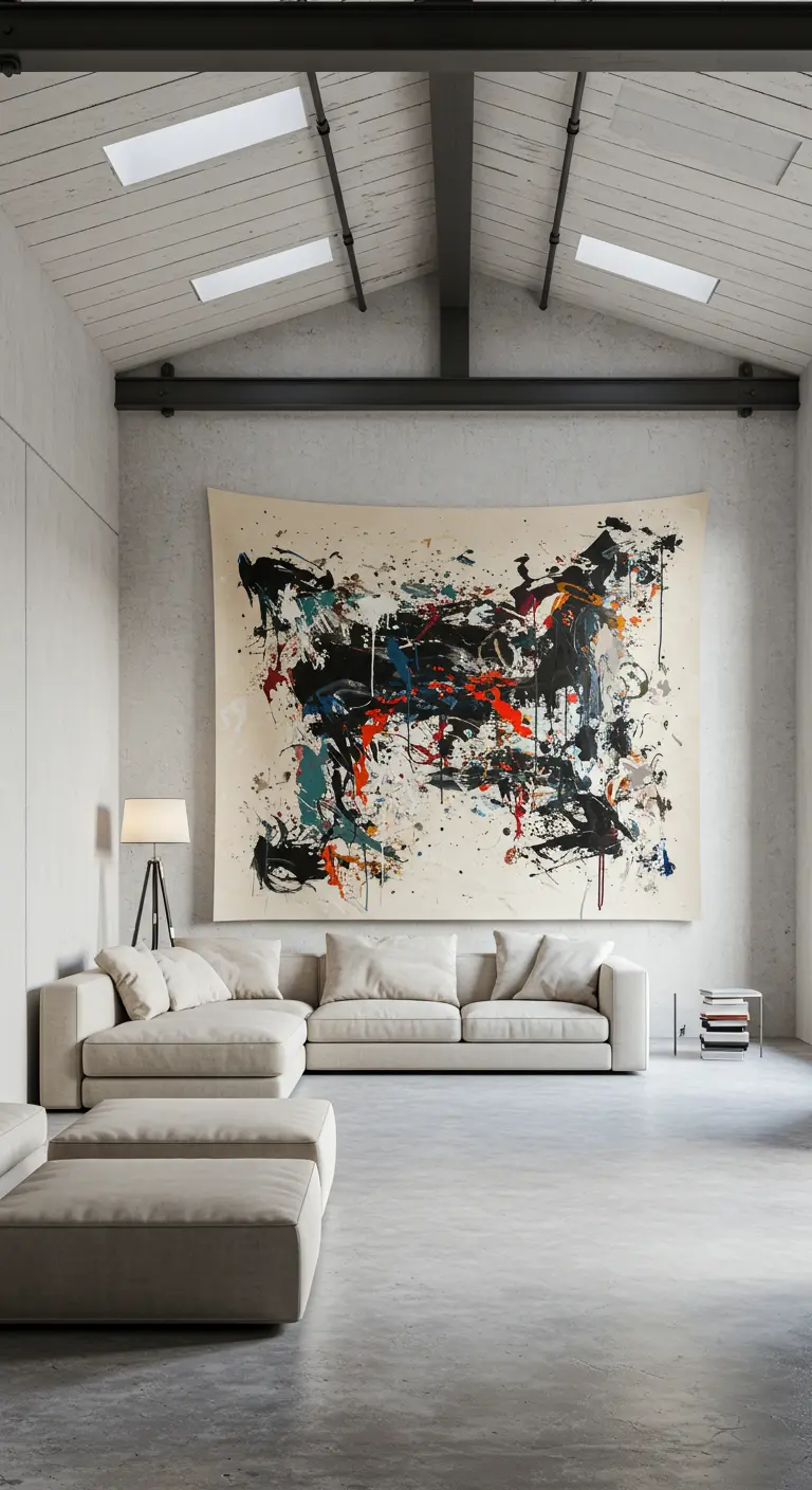 Tapiz gigante de arte abstracto con salpicaduras de colores en una sala de estar tipo loft.