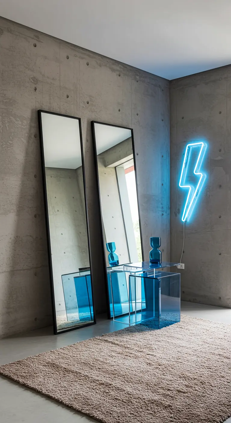 Rincón de estilo industrial con espejos apoyados en la pared y un neón azul en forma de rayo.