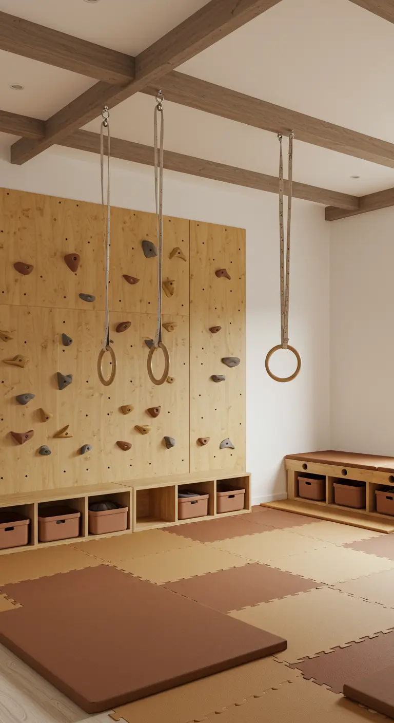 Habitación de juegos con un rocódromo de madera y anillas de gimnasia.