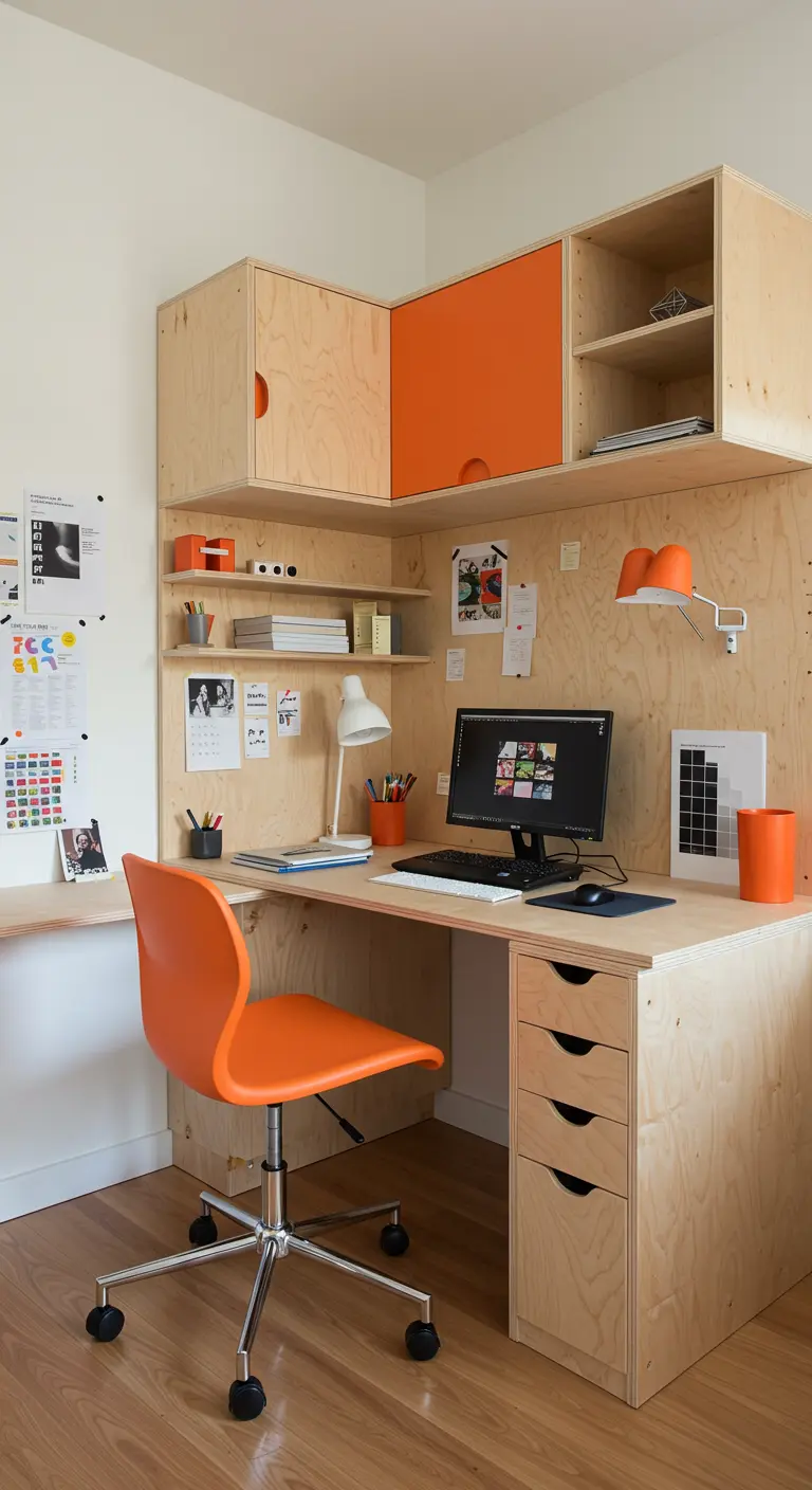 Estudio de diseño construido a medida con madera contrachapada y detalles en color naranja vibrante