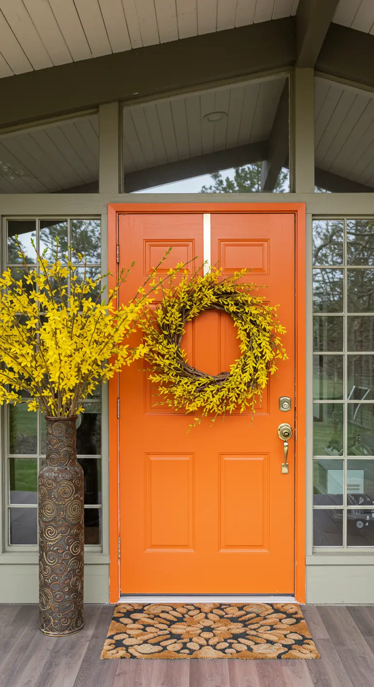 Puerta de color naranja vibrante con una corona de forsitia amarilla y un jarrón alto con ramas a juego