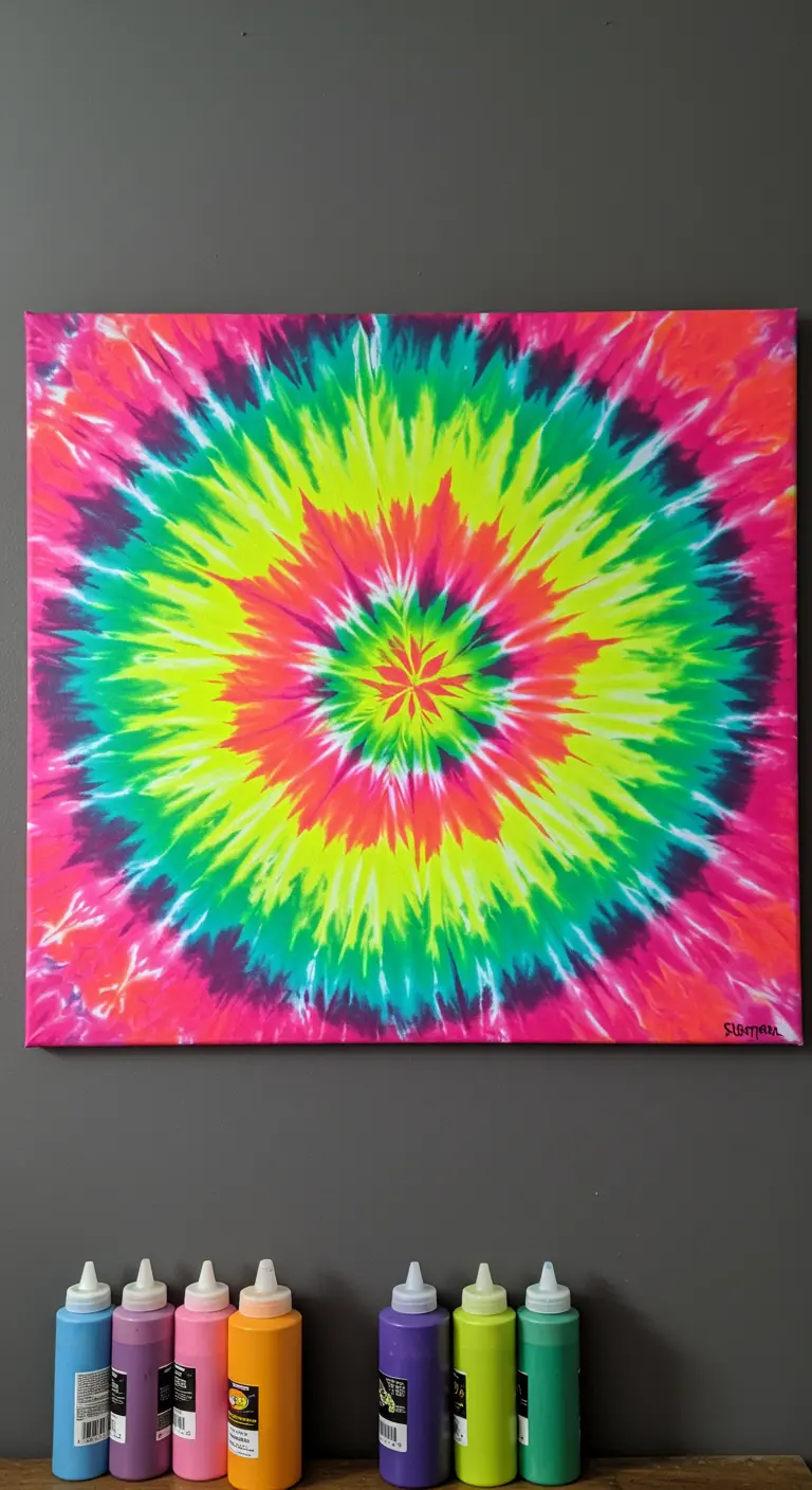 Lienzo tie-dye rectangular con un vibrante espiral en colores neón.