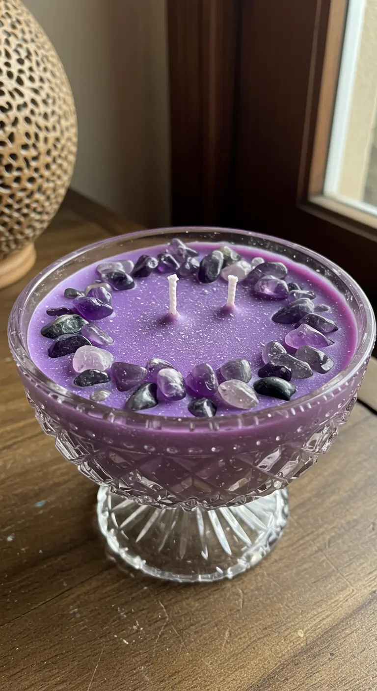 Vela de cera color lavanda en una copa de cristal, decorada con chips de amatista