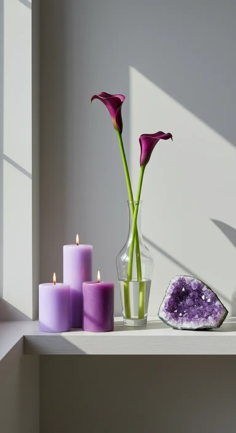 Tres velas moradas, dos calas púrpuras en un jarrón y una geoda de amatista en una repisa.