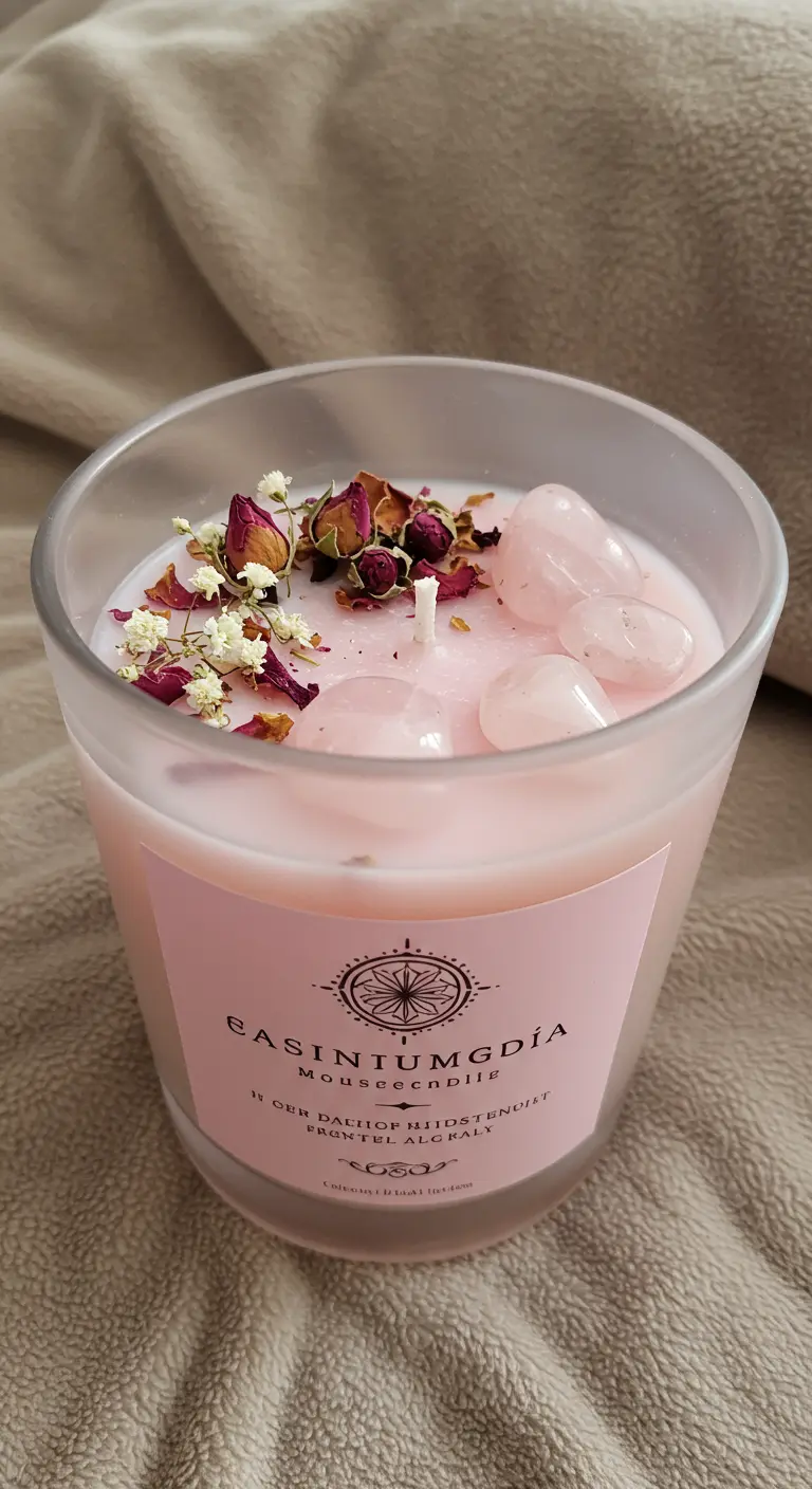 Vela rosa en vaso de cristal con cuarzos rosa y flores secas.