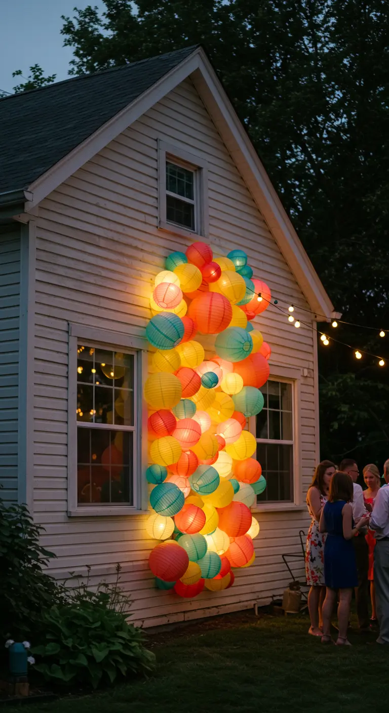 Fachada de una casa con un gran cúmulo de farolillos de papel de colores iluminados.
