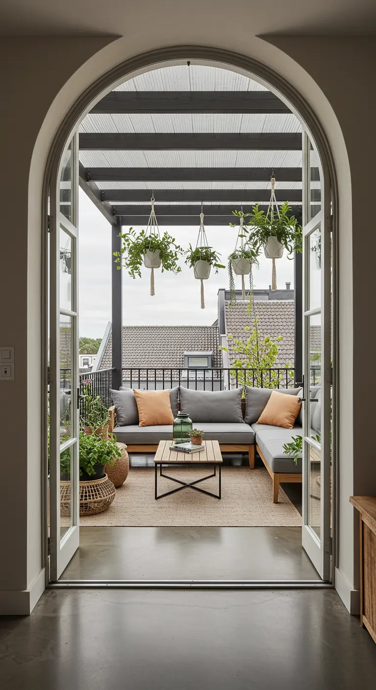 Vista de una terraza a través de una gran puerta de doble hoja en forma de arco.
